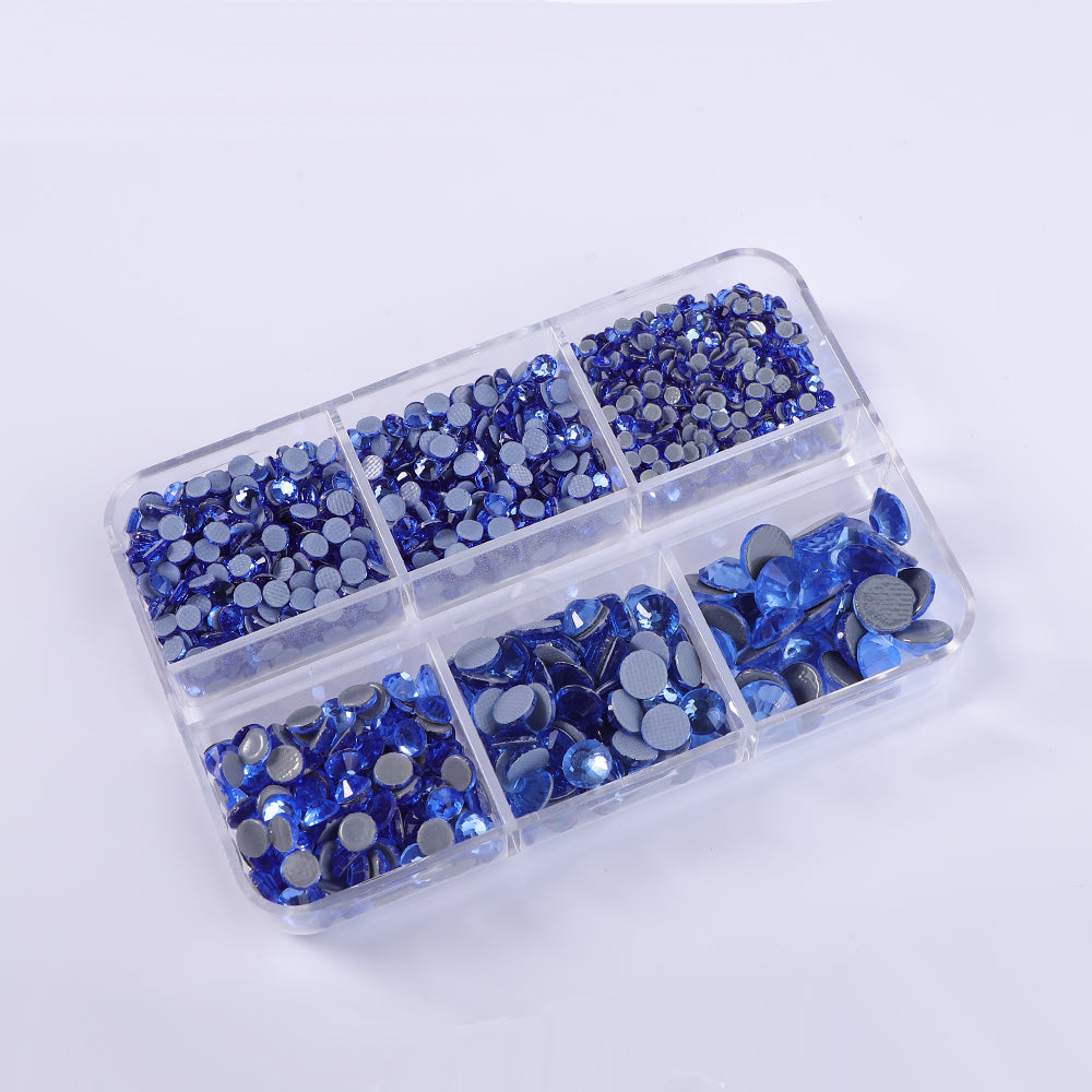 Mixed Sizes 6 Grid Box Light Blue Glass HotFix Rhinestones For Clothing DIY