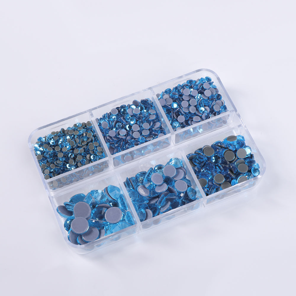 Mixed Sizes 6 Grid Box Aquamarine Glass HotFix Rhinestones For Clothing DIY
