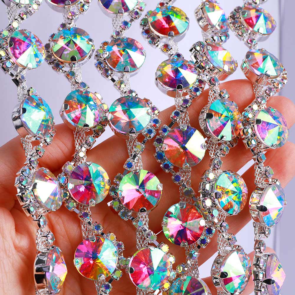Sew-on Crystal AB Glass Rivoli Rhinestone Trim Chain Applique RA135 Secondary image