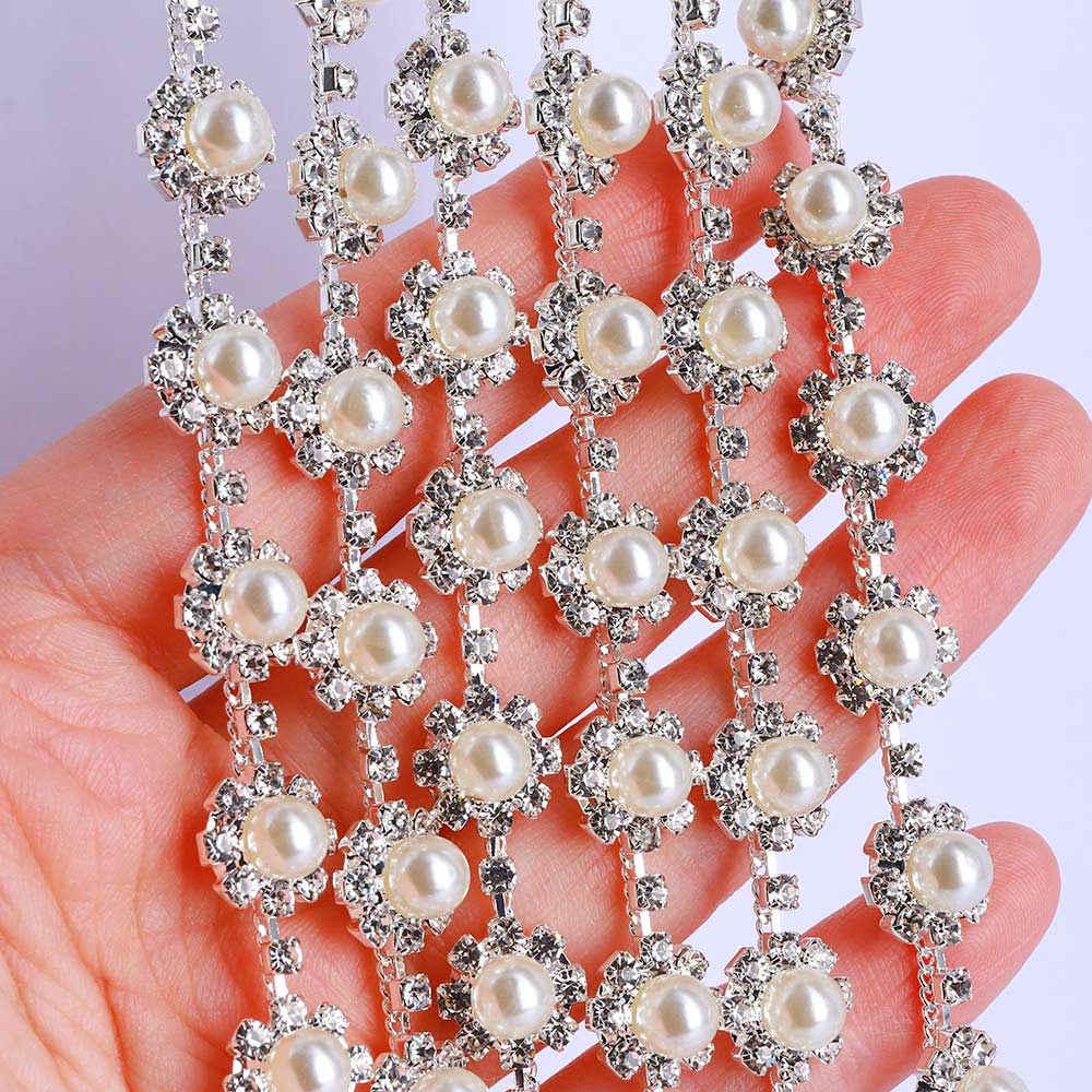 Sew-on Crystal Glass Rhinestone Pearl Trim Chain Applique RA837 Secondary image