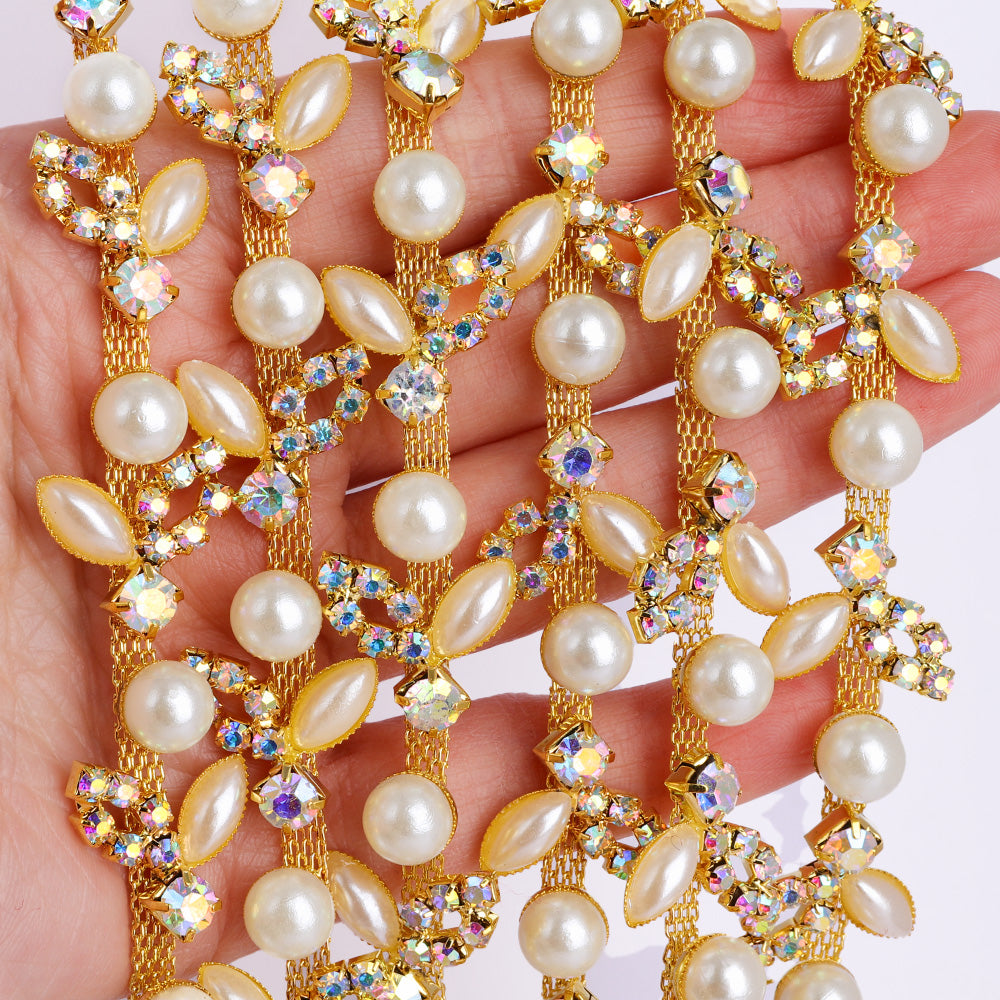 Sew-on Crystal AB Glass Rhinestone Pearl Trim Chain Applique RA1026 WholesaleRhinestone