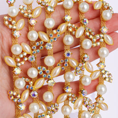 Sew-on Crystal AB Glass Rhinestone Pearl Trim Chain Applique RA1026 WholesaleRhinestone