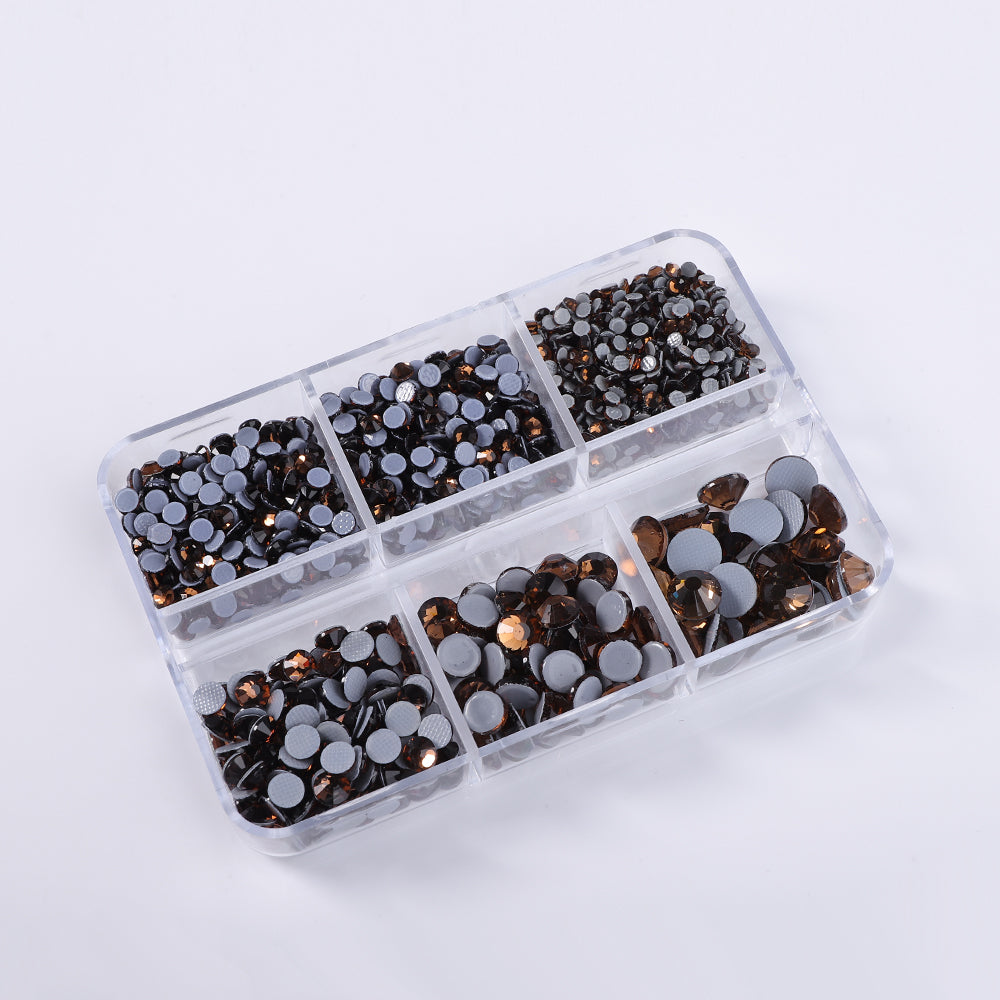 Mixed Sizes 6 Grid Box Smoked Topaz Glass HotFix Rhinestones For Clothing DIY