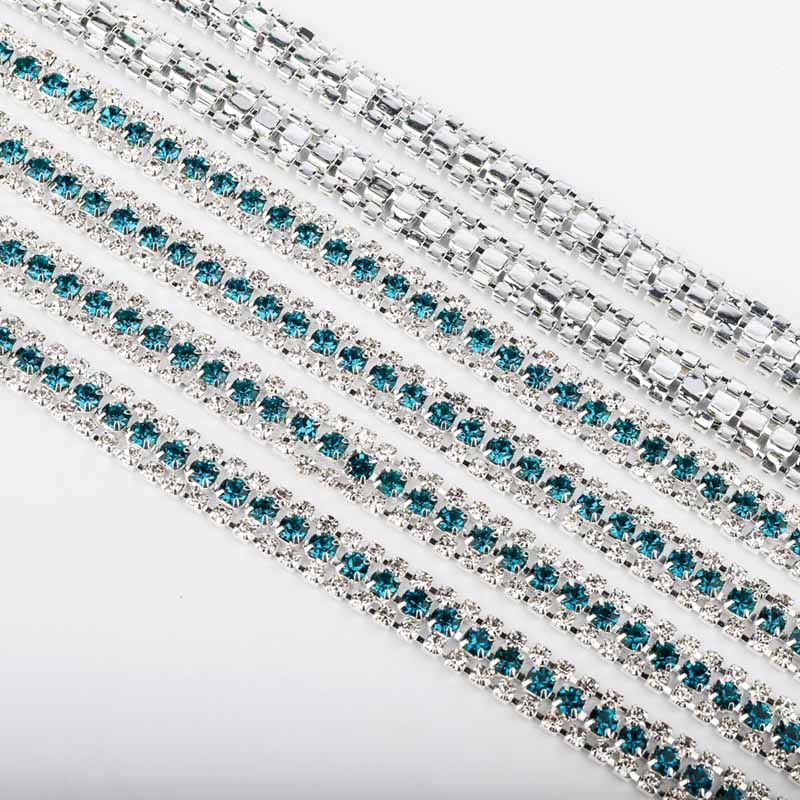 10 Yards Crystal & Indicolite Rhinestones Close Cup Chain -  3 Rows Silver Base Secondary image