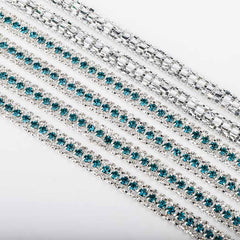 10 Yards Crystal & Indicolite Rhinestones Close Cup Chain -  3 Rows Silver Base WholesaleRhinestone