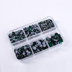 Mixed Sizes 6 Grid Box Dark Green Glass HotFix Rhinestones For Clothing DIY