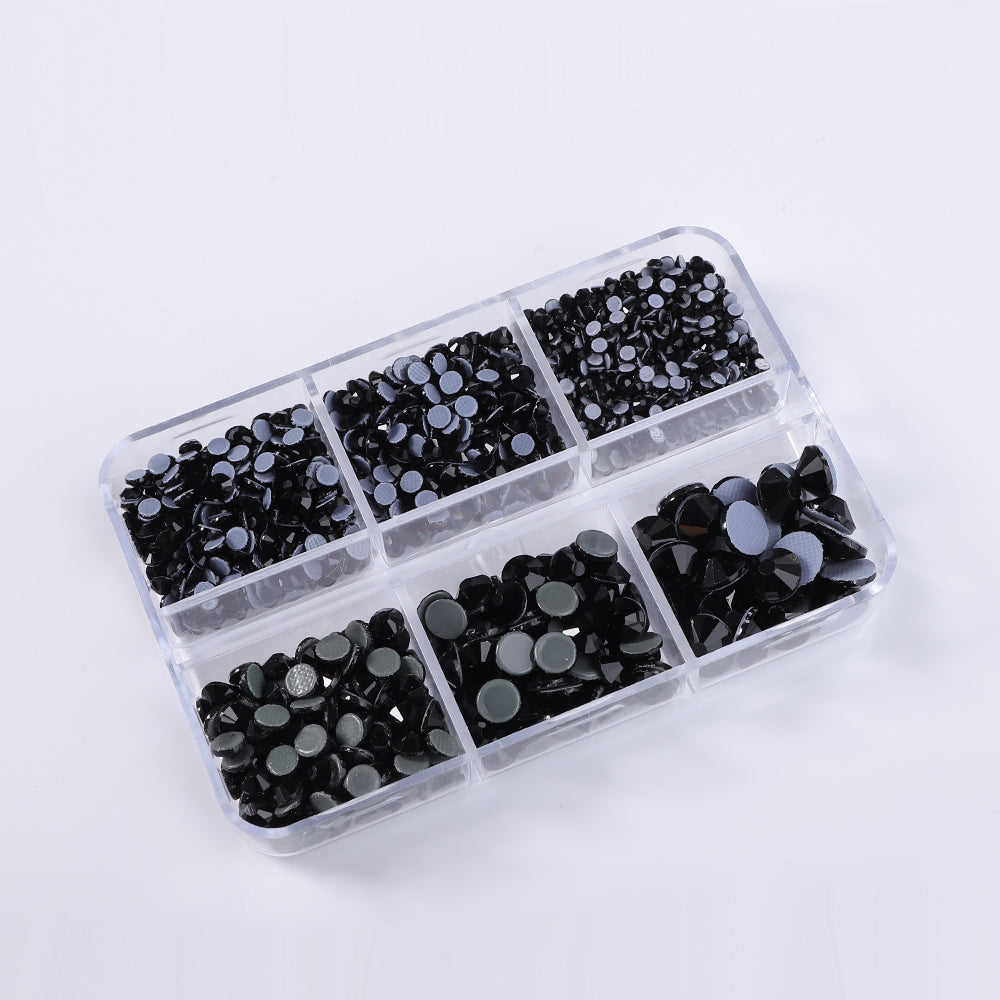 Mixed Sizes 6 Grid Box Black Glass HotFix Rhinestones For Clothing DIY