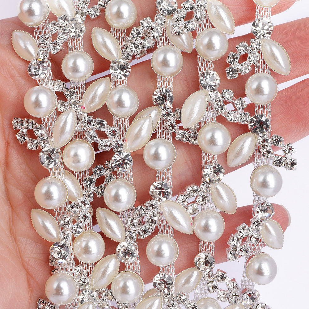 Sew-on Crystal Glass Rhinestone Pearl Trim Chain Applique RA1026 WholesaleRhinestone