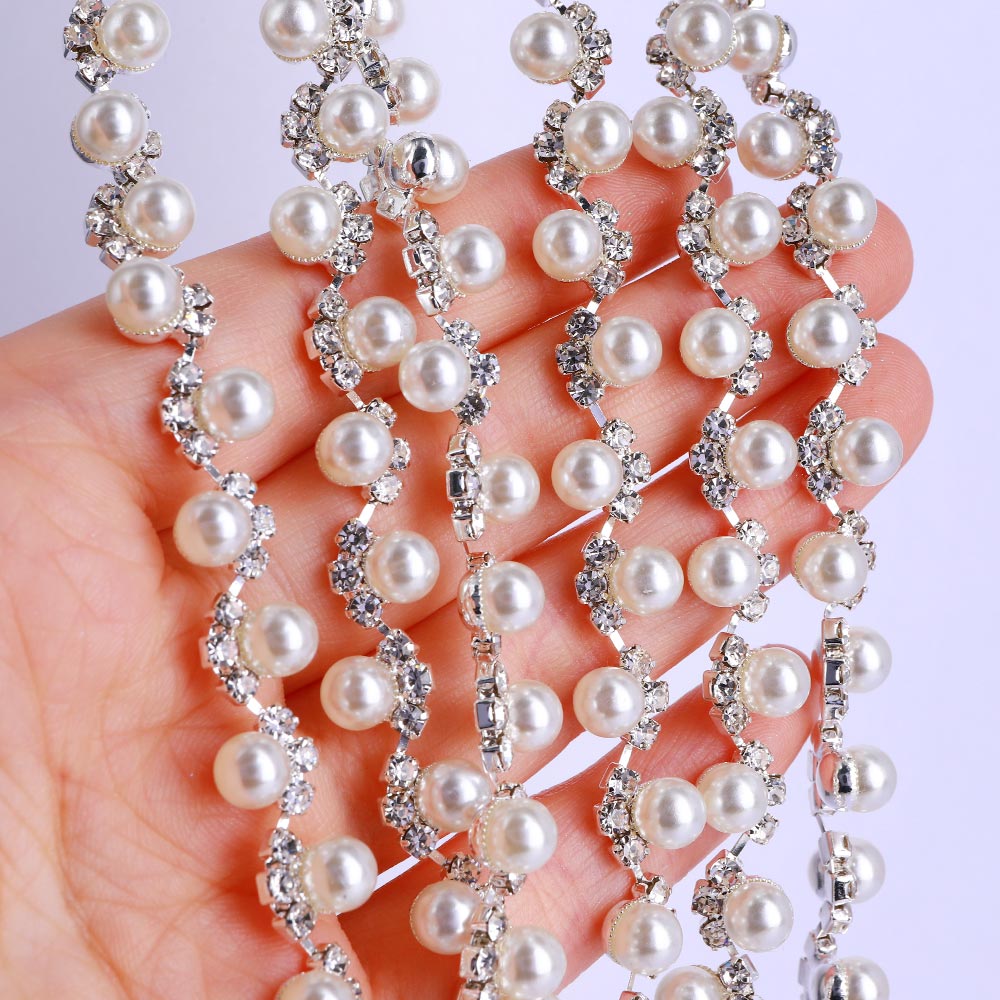 Sew-on Crystal Glass Rhinestone Pearl Trim Chain Applique RA1244 Secondary image