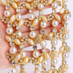 Sew-on Crystal Glass Rhinestone Pearl Trim Chain Applique RA1026 WholesaleRhinestone