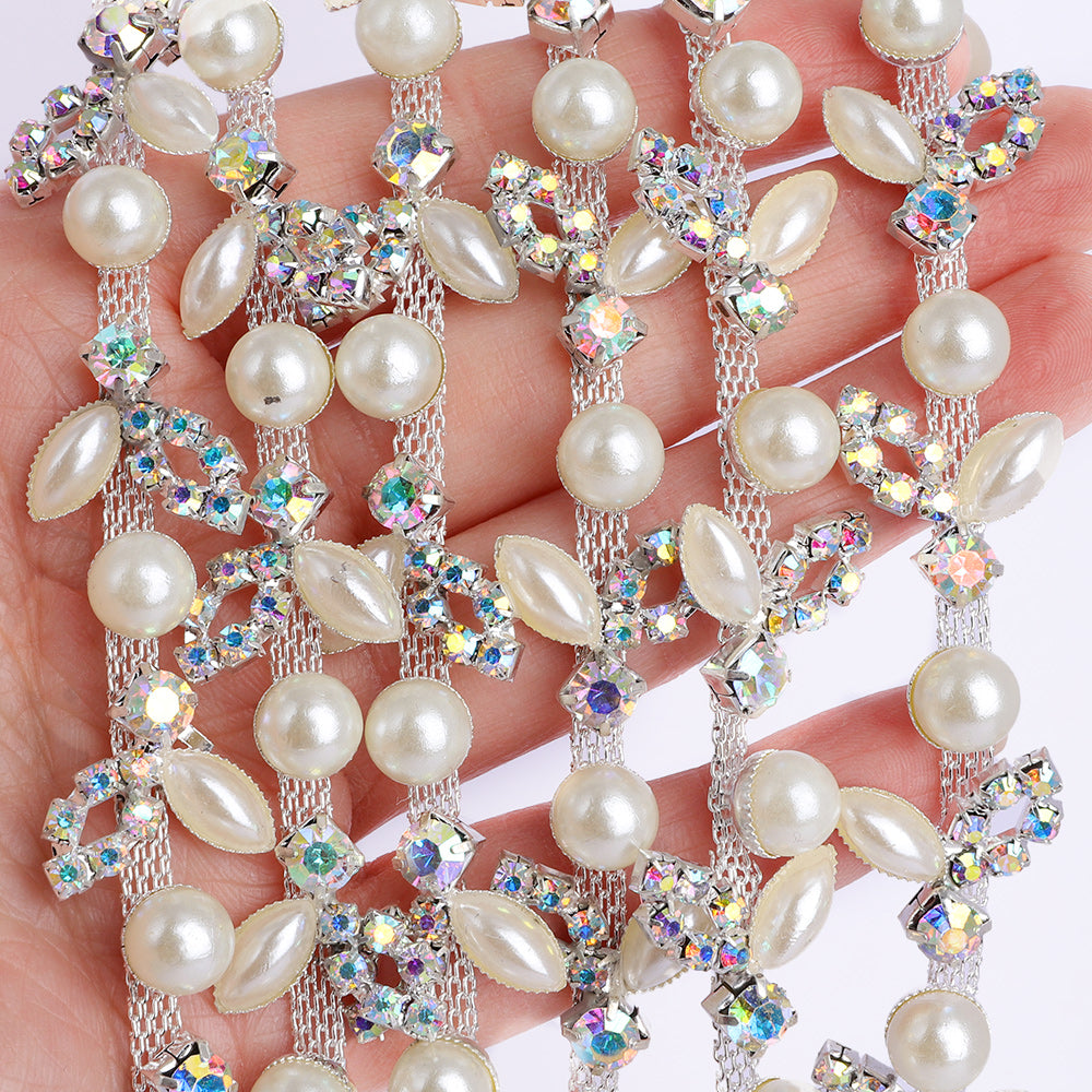 Sew-on Crystal AB Glass Rhinestone Pearl Trim Chain Applique RA1026 WholesaleRhinestone