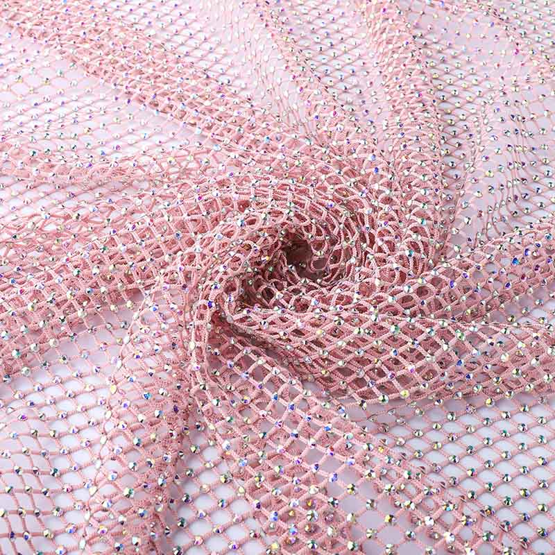 Crystal AB Rhinestones Mesh Fabric Sewing Elastic Trim - Pink