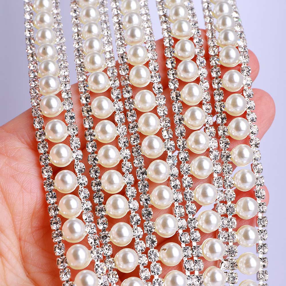 Sew-on Crystal Glass Rhinestone Pearl Trim Chain Applique RA859 Secondary image