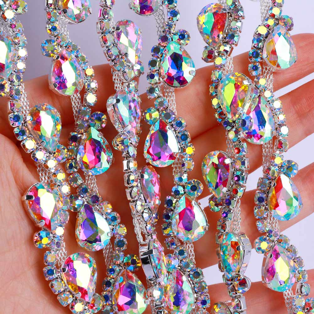 Sew-on Crystal AB Glass Raindrop Rhinestone Trim Chain Applique RA1100 Secondary image