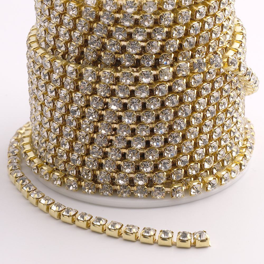 Crystal Glass Rhinestones Close Cup Chain - 1 Row Gold Base WholesaleRhinestone