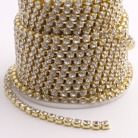 Crystal Glass Rhinestones Close Cup Chain - 1 Row Gold Base WholesaleRhinestone