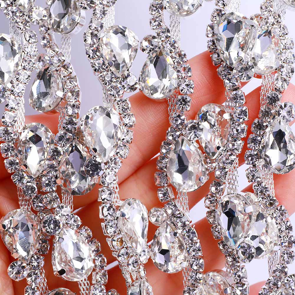 Sew-on Crystal Glass Raindrop Rhinestone Trim Chain Applique RA1100 WholesaleRhinestone