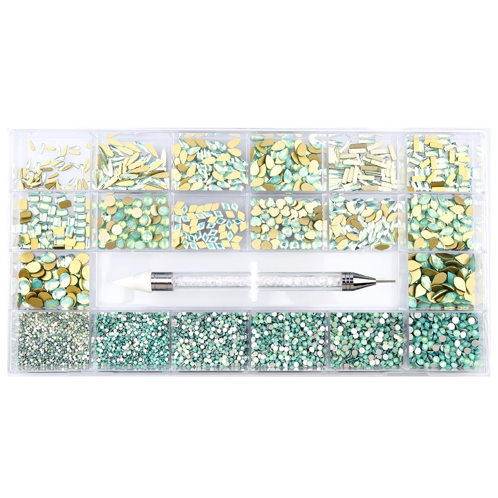 Mixed Multi Shapes Green Opal Glass Fancy Rhinestone Kit Box For Nail Art HZ2118 WholesaleRhinestone Imagem principal do produto