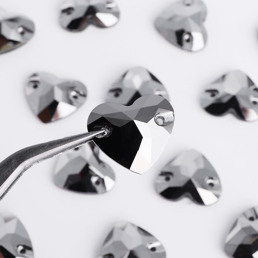 Jet Metallic Silver Heart Shape High Quality Glass Sew-on Rhinestones WholesaleRhinestone