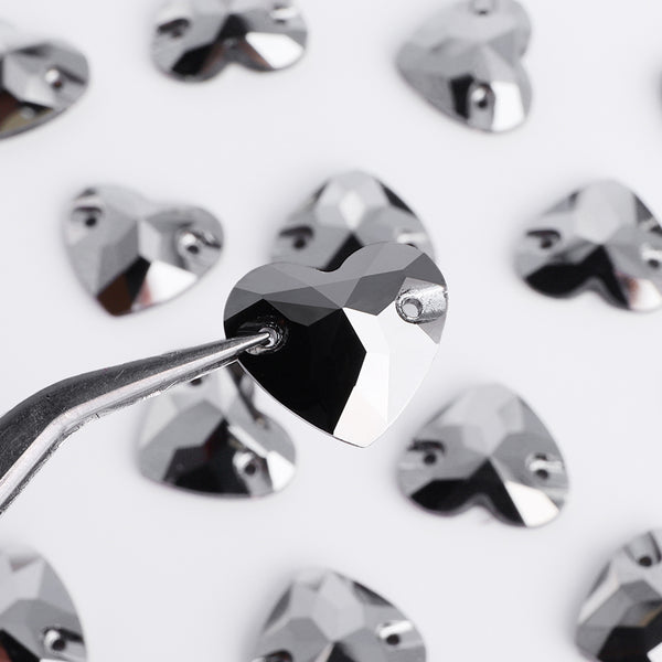 Jet Metallic Silver Heart Shape High Quality Glass Sew-on Rhinestones WholesaleRhinestone