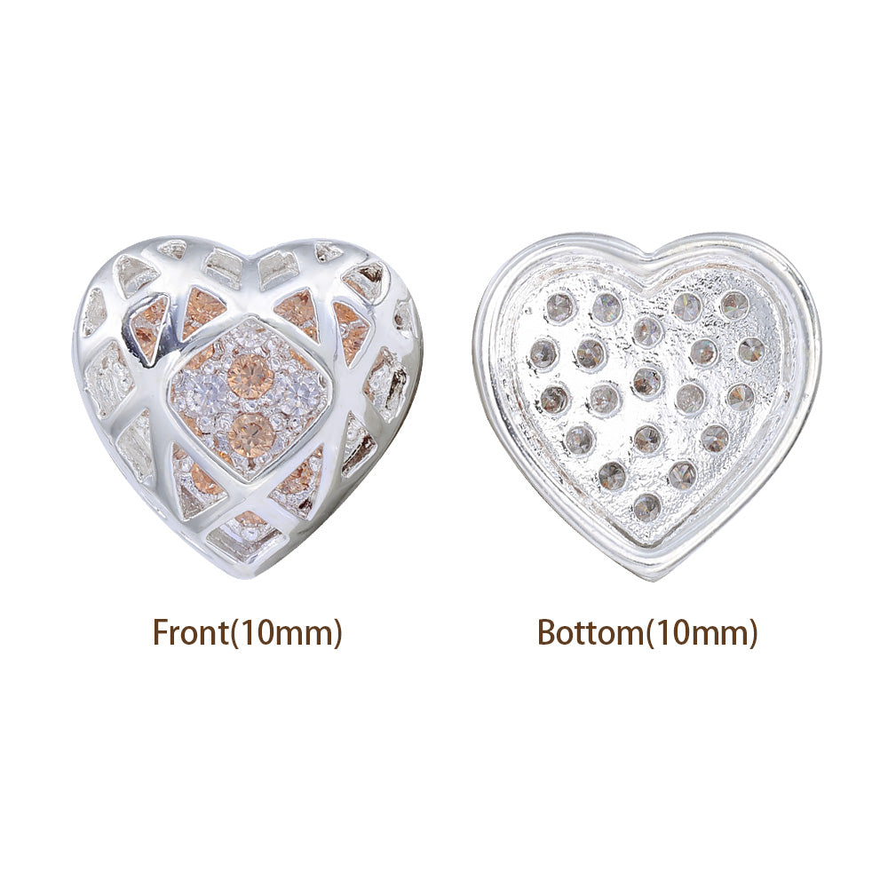 Heart Shape Silver Plated High-Quality Sew-on Alloy Charms Inlaid Cubic Zirconia