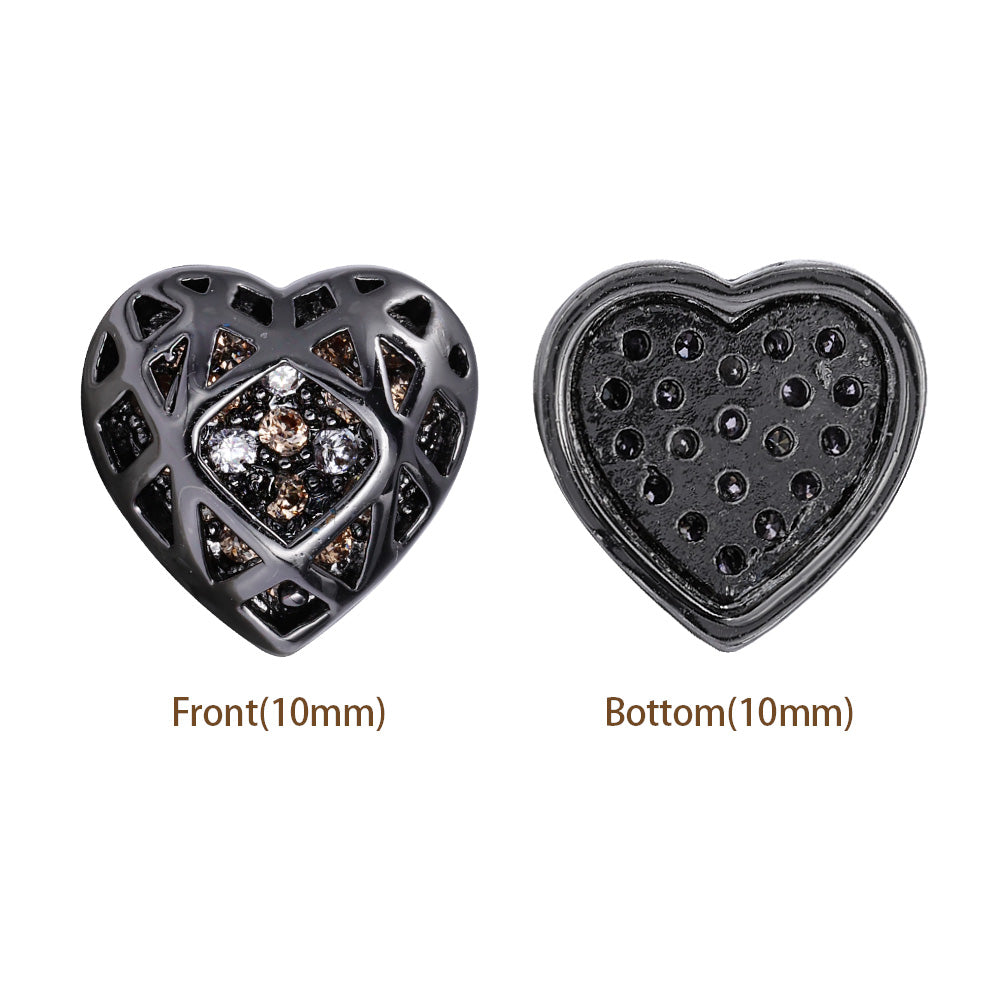 Heart Shape Hematite Plated High-Quality Sew-on Alloy Charms Inlaid Cubic Zirconia