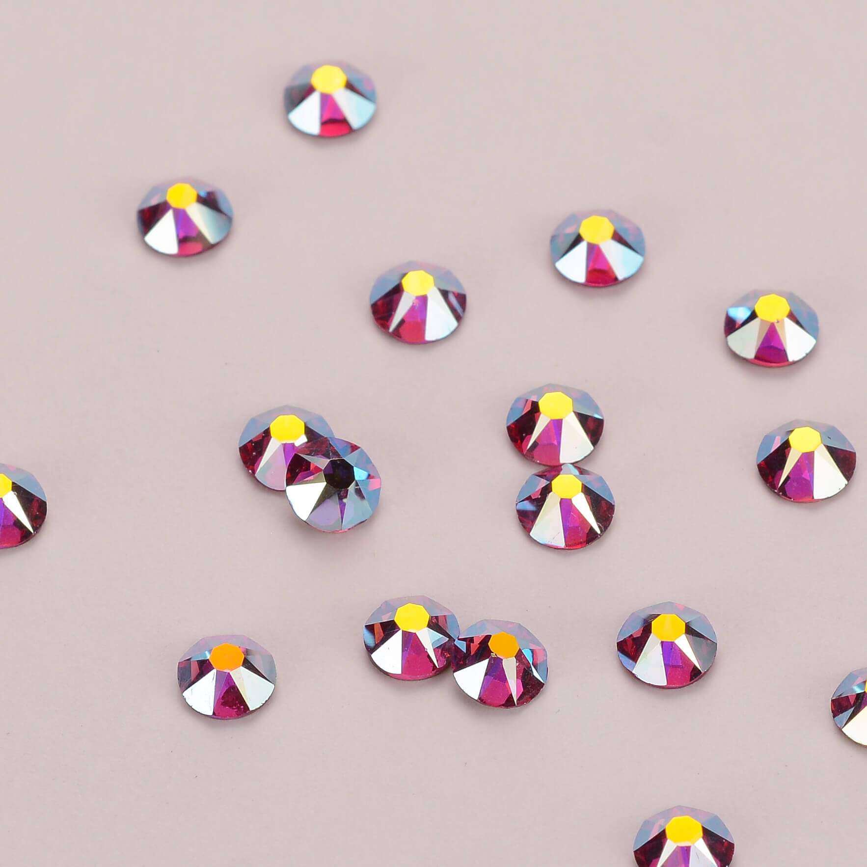 Fuchsia AB Glass Flat Back Glue-On Rhinestones 16 Cut Facets In Bulk WholesaleRhinestone