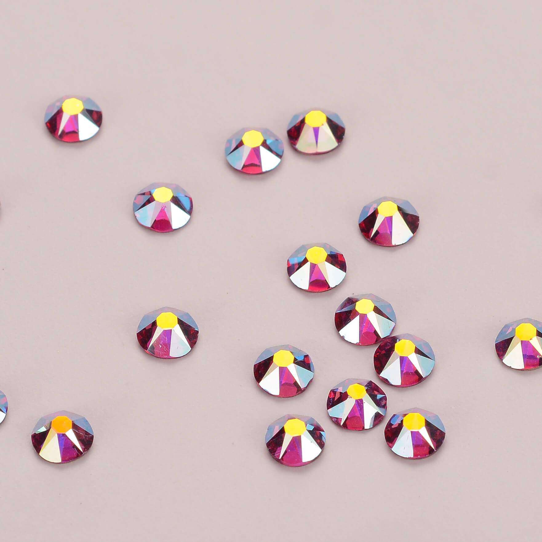 Fuchsia AB Glass Flat Back Glue-On Rhinestones 16 Cut Facets In Bulk WholesaleRhinestone