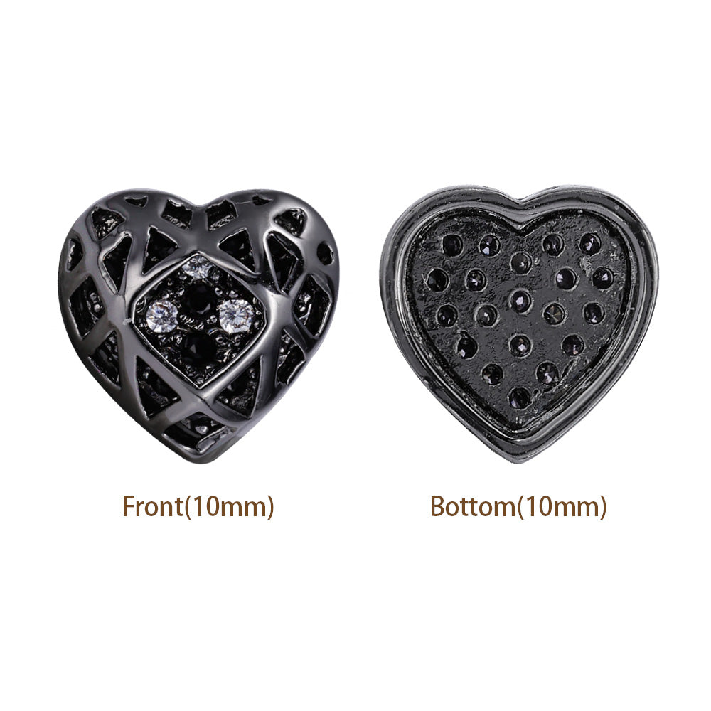 Heart Shape Hematite Plated High-Quality Sew-on Alloy Charms Inlaid Cubic Zirconia