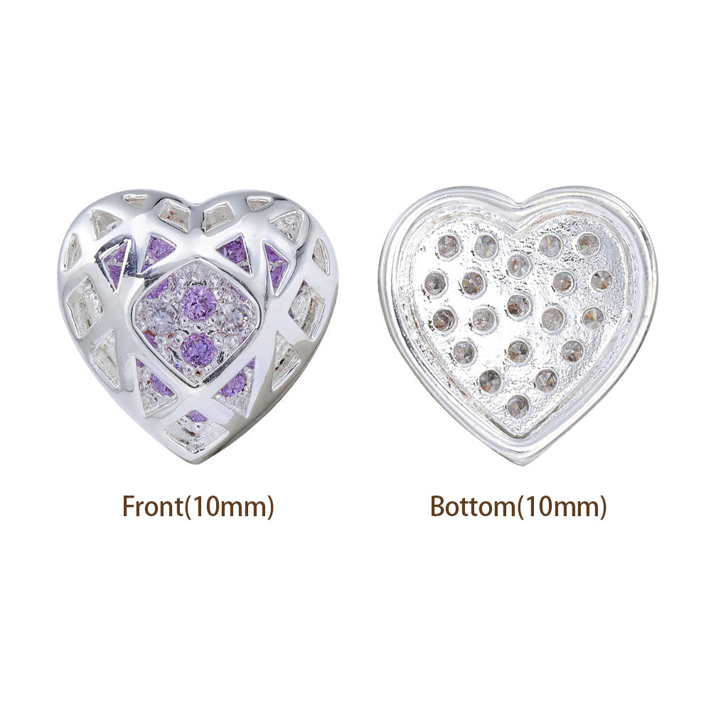 Heart Shape Silver Plated High-Quality Sew-on Alloy Charms Inlaid Cubic Zirconia