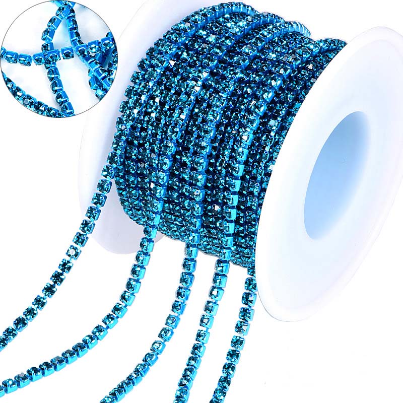 Aquamarine Glass Rhinestones Close Cup Chain -1 Row Aquamarine Base WholesaleRhinestone