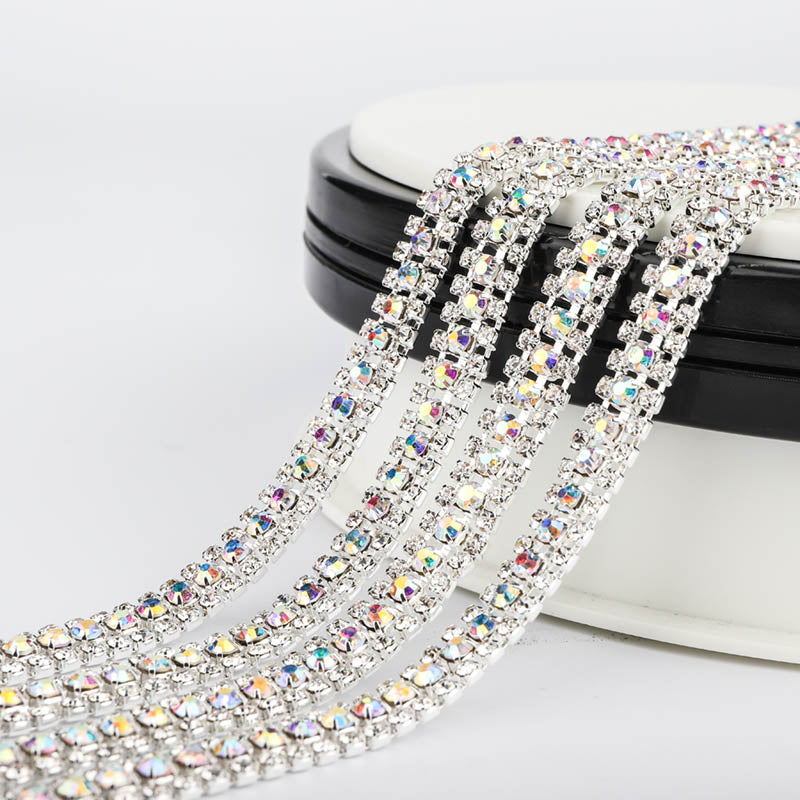 10 Yards Crystal & Crystal AB Rhinestones Close Cup Chain -  3 Rows Silver Base Secondary image
