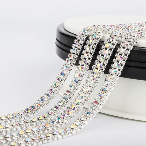10 Yards Crystal & Crystal AB Rhinestones Close Cup Chain -  3 Rows Silver Base WholesaleRhinestone