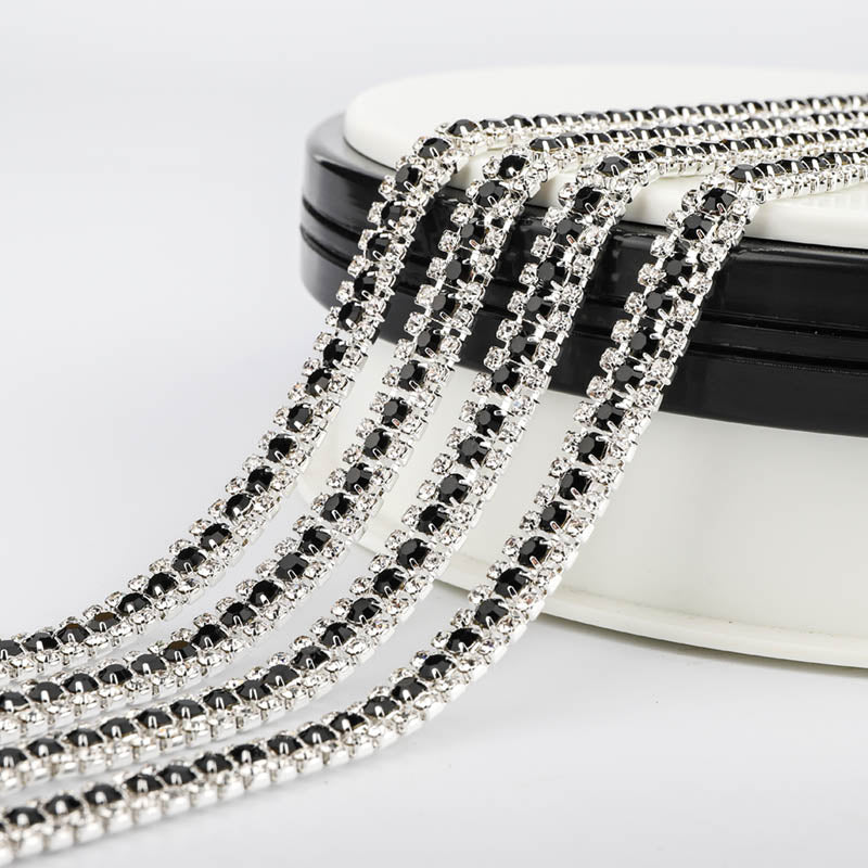 10 Yards Crystal & Black Rhinestones Close Cup Chain -  3 Rows Silver Base WholesaleRhinestone