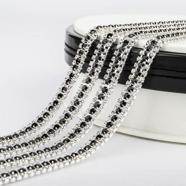 10 Yards Crystal & Black Rhinestones Close Cup Chain -  3 Rows Silver Base WholesaleRhinestone