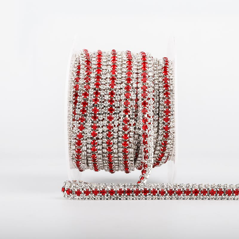 10 Yards Crystal & Red Rhinestones Close Cup Chain -  3 Rows Silver Base WholesaleRhinestone Main image