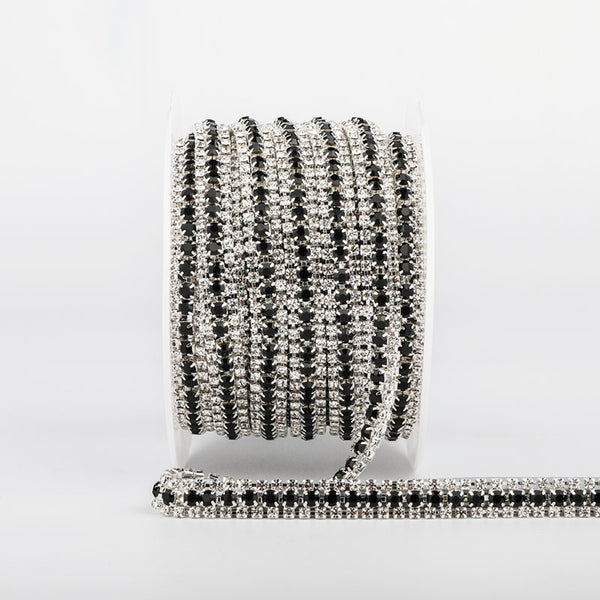 10 Yards Crystal & Black Rhinestones Close Cup Chain -  3 Rows Silver Base WholesaleRhinestone