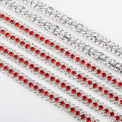 10 Yards Crystal & Red Rhinestones Close Cup Chain -  3 Rows Silver Base WholesaleRhinestone