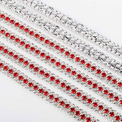 10 Yards Crystal & Red Rhinestones Close Cup Chain -  3 Rows Silver Base WholesaleRhinestone