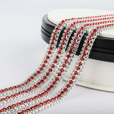 10 Yards Crystal & Red Rhinestones Close Cup Chain -  3 Rows Silver Base WholesaleRhinestone