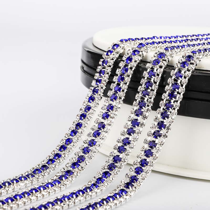 10 Yards Crystal & Sapphire Rhinestones Close Cup Chain -  3 Rows Silver Base WholesaleRhinestone