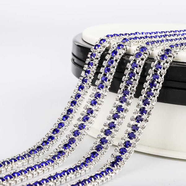 10 Yards Crystal & Sapphire Rhinestones Close Cup Chain -  3 Rows Silver Base WholesaleRhinestone