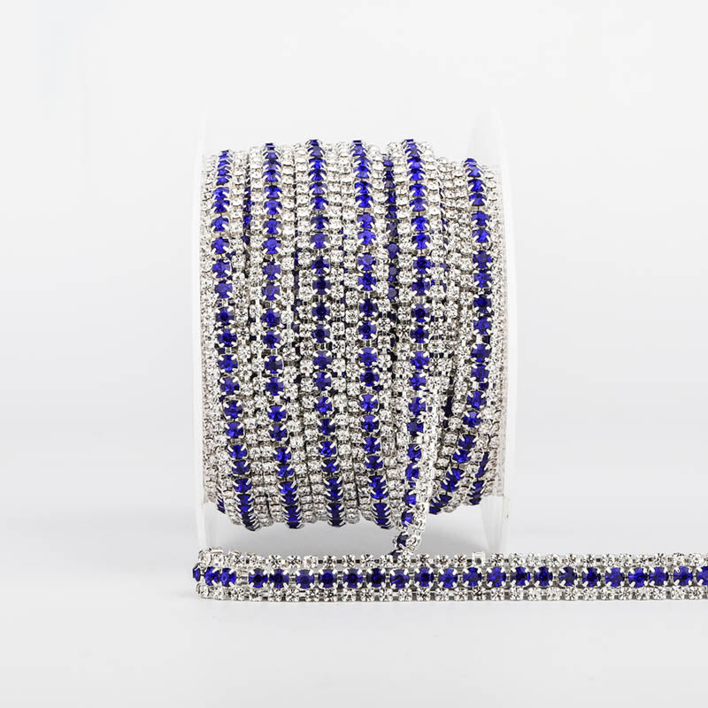 10 Yards Crystal & Sapphire Rhinestones Close Cup Chain -  3 Rows Silver Base WholesaleRhinestone