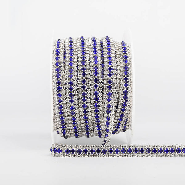 10 Yards Crystal & Sapphire Rhinestones Close Cup Chain -  3 Rows Silver Base WholesaleRhinestone