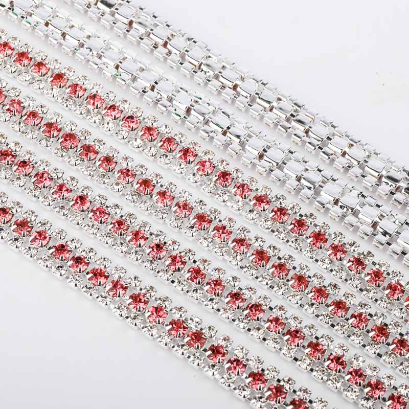 10 Yards Crystal & Rose Rhinestones Close Cup Chain -  3 Rows Silver Base Secondary image