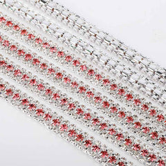 10 Yards Crystal & Rose Rhinestones Close Cup Chain -  3 Rows Silver Base WholesaleRhinestone