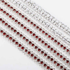 10 Yards Crystal & Dark Red Rhinestones Close Cup Chain -  3 Rows Silver Base WholesaleRhinestone