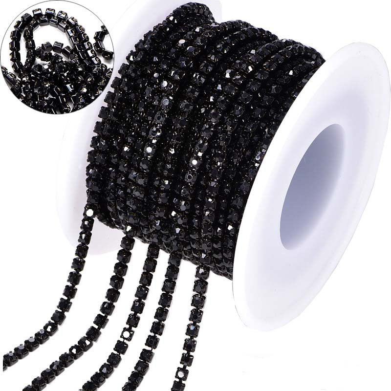 Black Glass Rhinestones Close Cup Chain - 1 Row Black Base WholesaleRhinestone