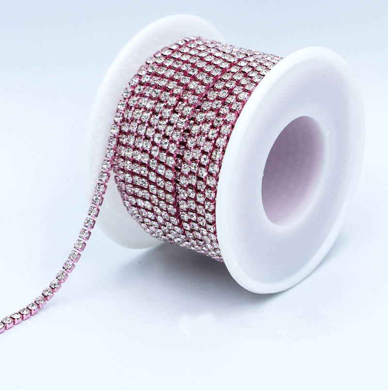 Crystal Glass Rhinestones Close Cup Chain - 1 Row Light Pink Base WholesaleRhinestone