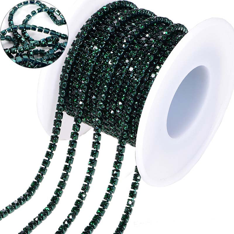 Dark Green Glass Rhinestones Close Cup Chain - 1 Row Dark Green  Base WholesaleRhinestone